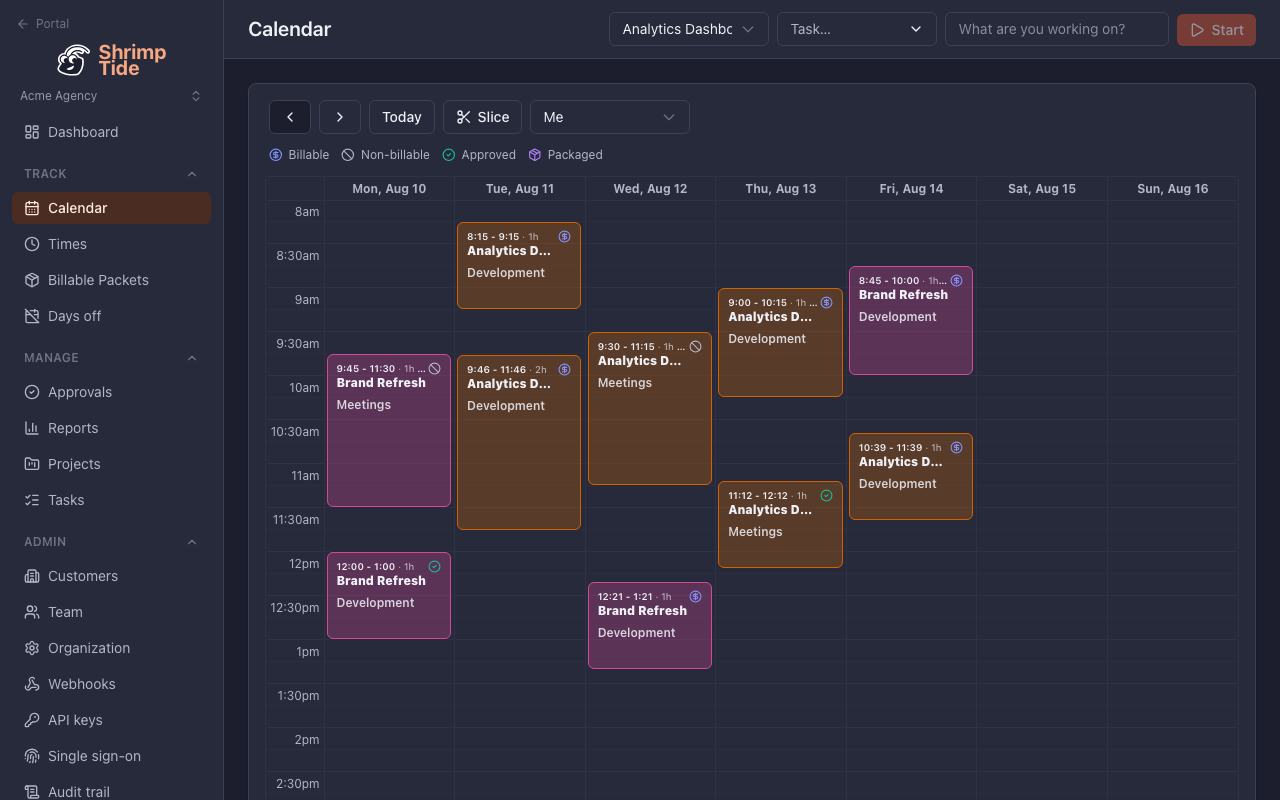 Calendar view with time entries arranged as blocks across a week