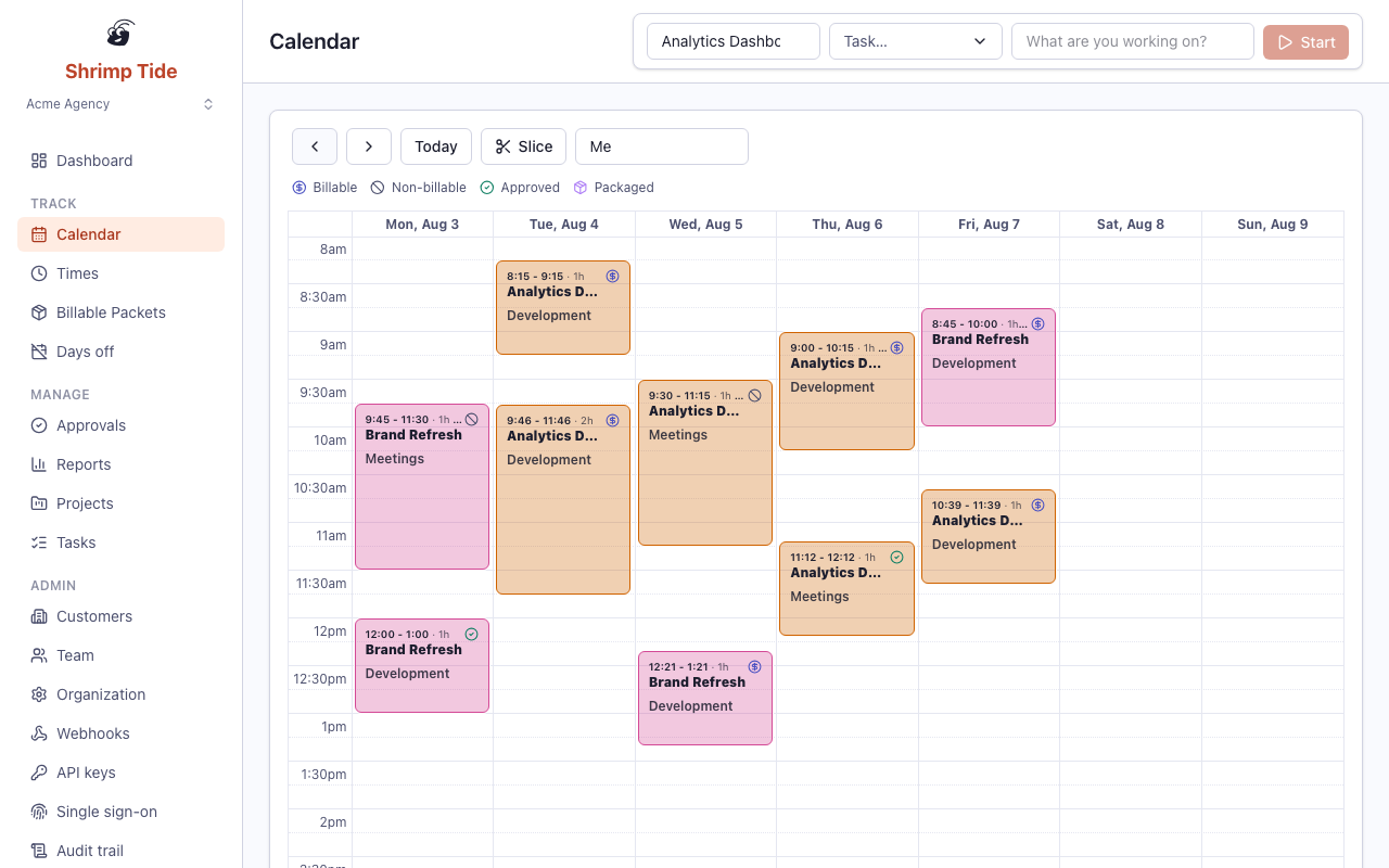 Calendar view with time entries arranged as blocks across a week
