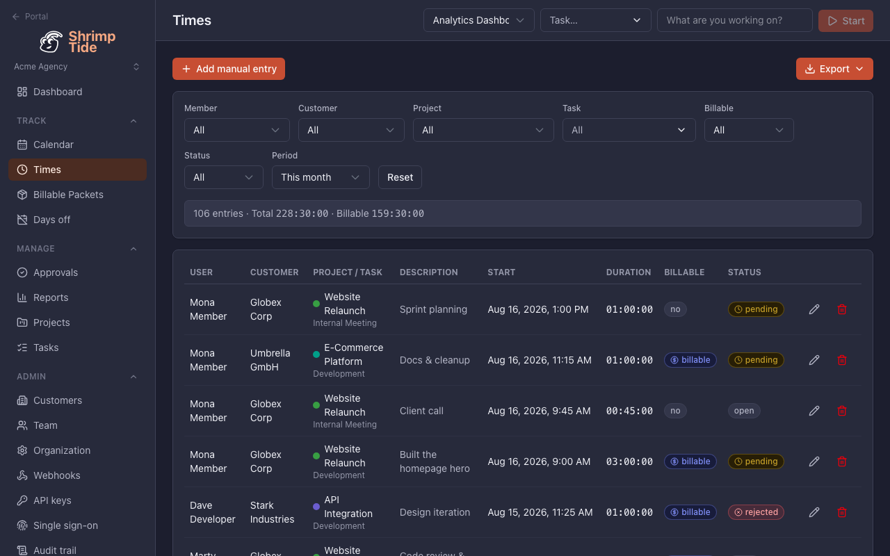Time log with filters and a list of entries